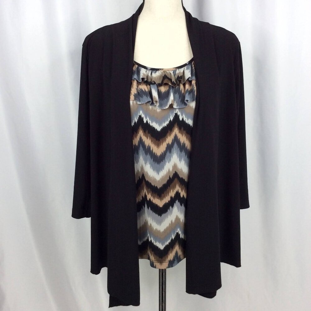 Perception Faux 2 PC Tank Cardigan Top Womens 1X Stretch Short Sleeve Ruffle - Picture 1 of 8
